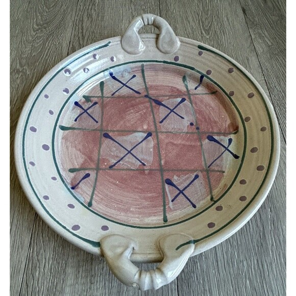 Vintage Studio Pottery 11” Plate Platter Dish Handles Abstract Signed Blue Pink - Picture 3 of 7